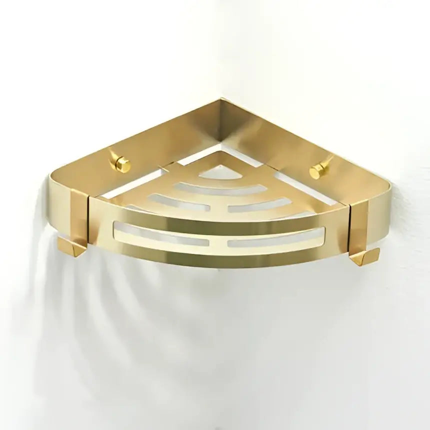 Gold-colored triangular corner shelf with perforated pattern from modern brushed matt gold decorbites bath set bathroom accessories