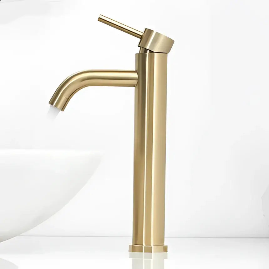 Gold-toned sleek modern faucet with tall cylindrical body and curved spout from decorbites bath set bathroom accessories