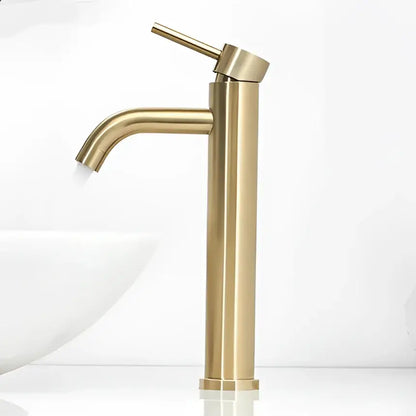 Gold-toned sleek modern faucet with tall cylindrical body and curved spout from decorbites bath set bathroom accessories