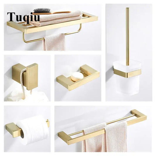 Modern brushed matt gold decorbites bath set featuring sleek rectangular shapes and a brushed metal finish bathroom accessory set
