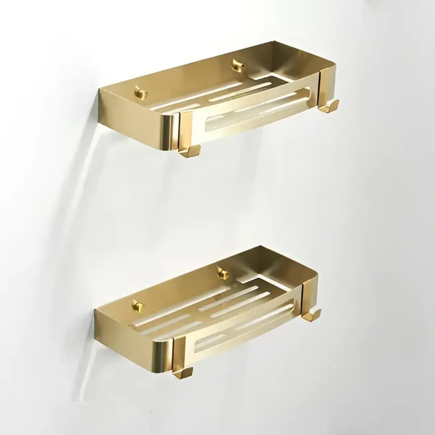 Gold-colored rectangular wall-mounted soap dish with slatted design and brushed metal finish from decorbites bath set