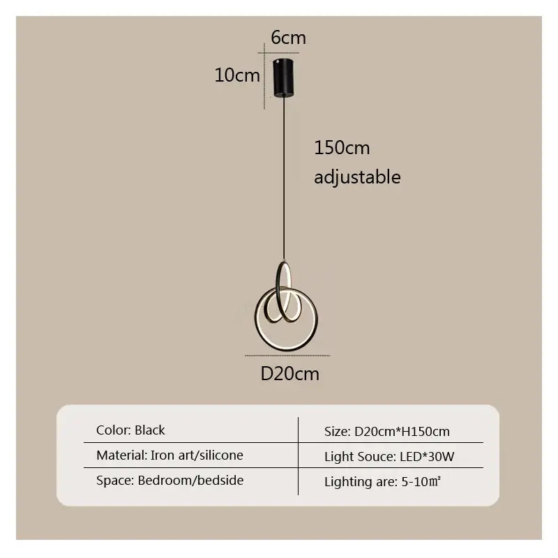 Modern brushed metal and white led bedside pendant light with black iron art and silicone design and adjustable chain