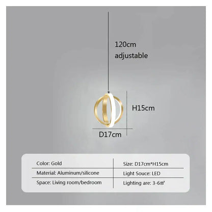 Modern brushed metal gold pendant light with interlocking aluminum and silicone rings for decorbites led bedside use