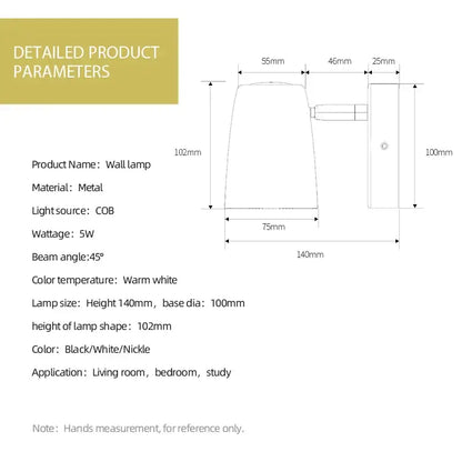 Modern brushed metallic led wall lamp with matte black or white finish and nickel accents for bedroom spotlight use