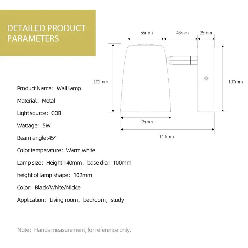 Modern brushed metallic led wall lamp with matte black or white finish and nickel accents for bedroom spotlight use