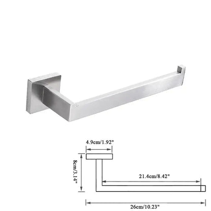 Modern brushed nickel bathroom hardware set featuring a brushed stainless steel toilet paper holder with angular design
