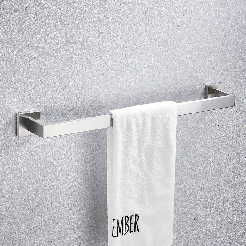Stainless steel towel rack with sleek modern design and brushed nickel finish in bathroom hardware set