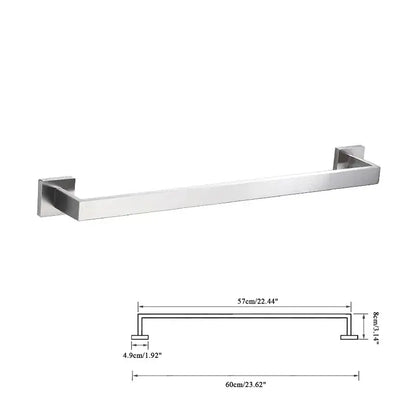 Modern brushed nickel bathroom hardware set with a sleek rectangular towel rack in brushed stainless steel finish