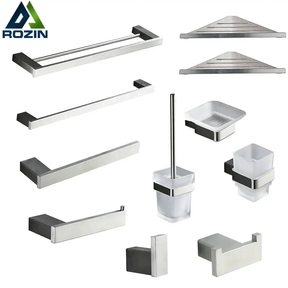 Modern brushed nickel bathroom hardware set with sleek stainless steel design and clear glass accents for bathroom hardware