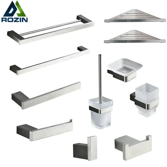 Modern brushed nickel bathroom hardware set with sleek stainless steel design and clear glass accents for bathroom hardware