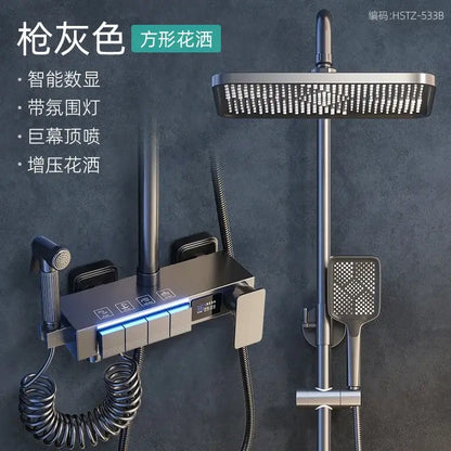Gunmetal gray square electric sunflower rainfall showerhead with integrated led lighting and digital display in brushed nickel set