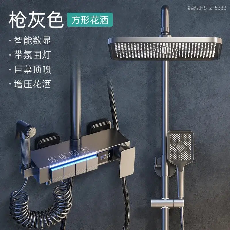 Gunmetal gray square electric sunflower rainfall showerhead with integrated led lighting and digital display in brushed nickel set