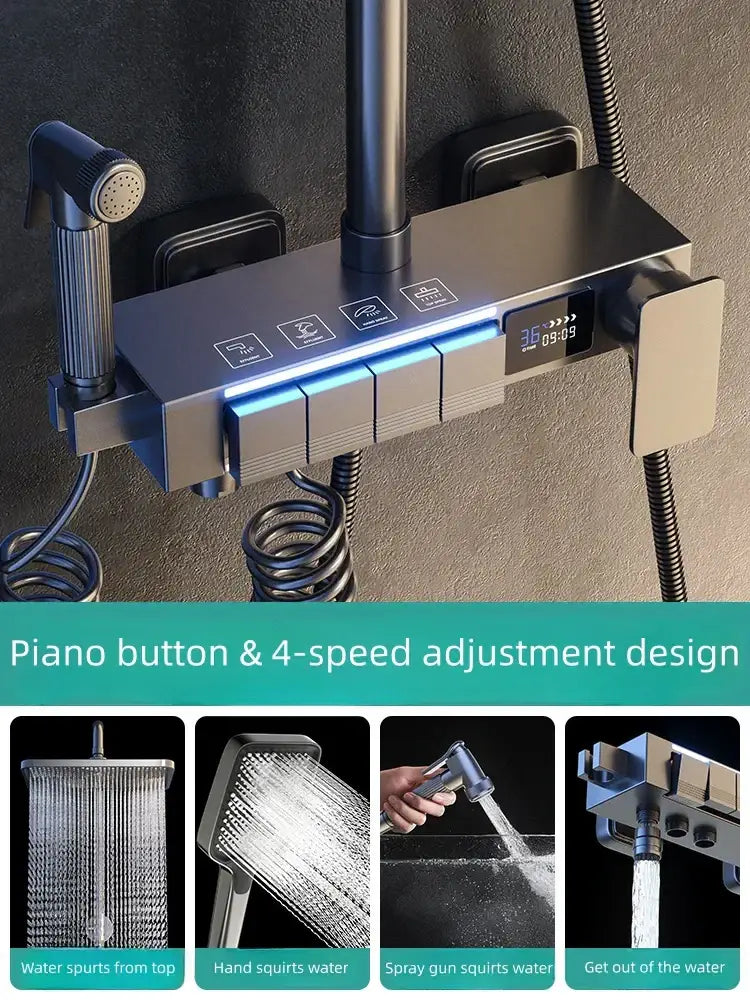 Modern black chrome electric sunflower rainfall shower system with piano-style buttons and digital display for bathrooms