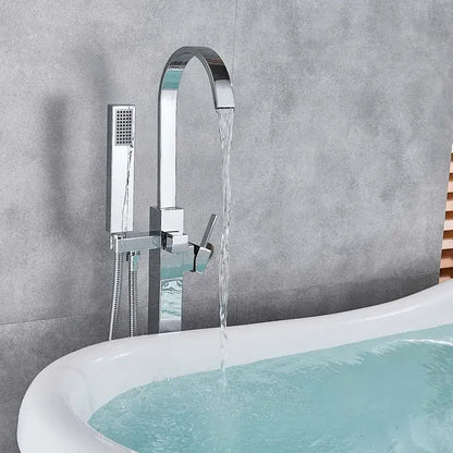 Modern brushed nickel decorbites freestanding tub faucet with chrome arched spout and integrated handheld showerhead