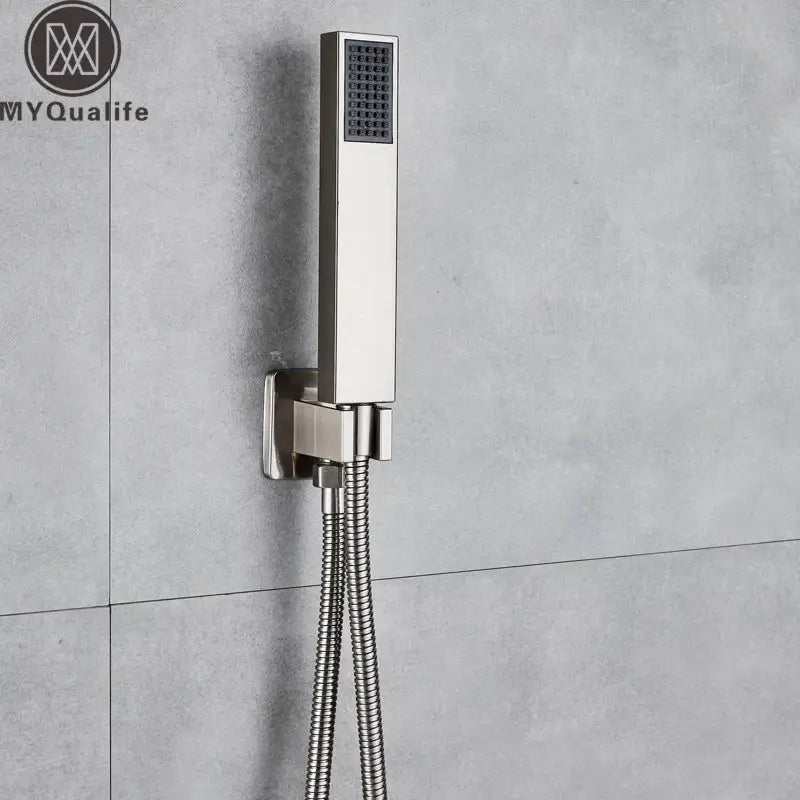 Modern brushed nickel handshower set with stainless steel rectangular showerhead and textured spray face by decorbites brushed nickel