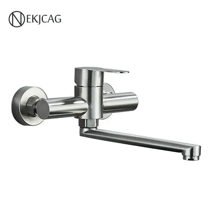 Stainless steel wall-mounted faucet with sleek dual-handle control in brushed nickel kitchen decorbites design