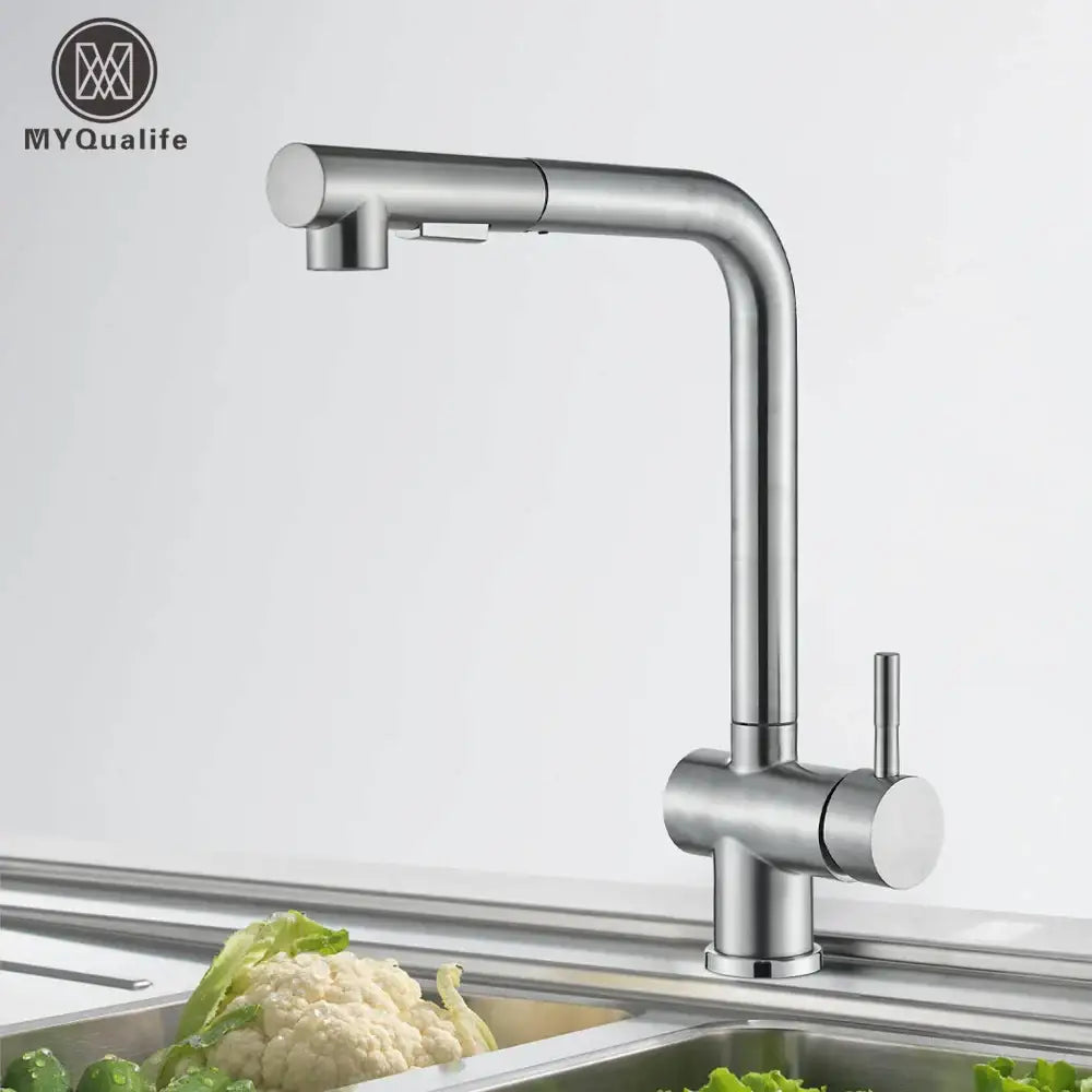 Modern brushed nickel kitchen faucet with pull-down spout and dual spray nozzle in a sleek decorbites brushed nickel design