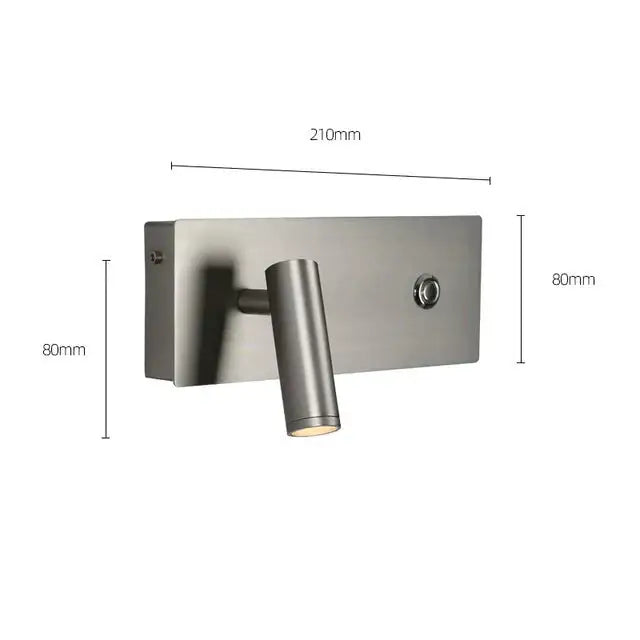 Modern brushed nickel led dimmable reading wall light with a sleek rectangular base and adjustable cylindrical head for bedroom use