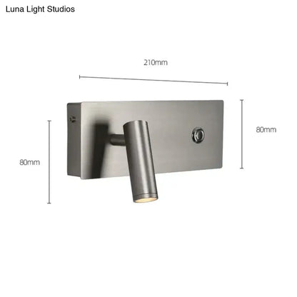 Modern brushed nickel led dimmable reading wall light with cylindrical head and rectangular base for bedroom use