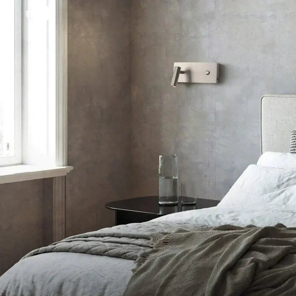 Modern brushed nickel led dimmable reading wall lamp with adjustable arm and sleek metallic finish for bedroom use