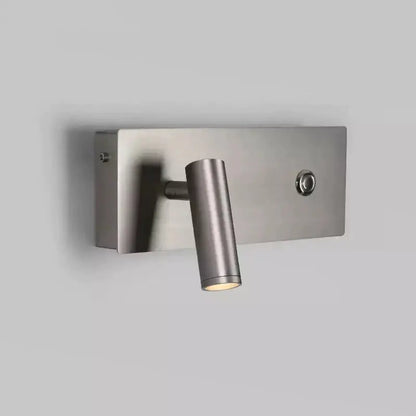 Modern brushed nickel led dimmable reading wall light with cylindrical head and integrated switch for bedroom use