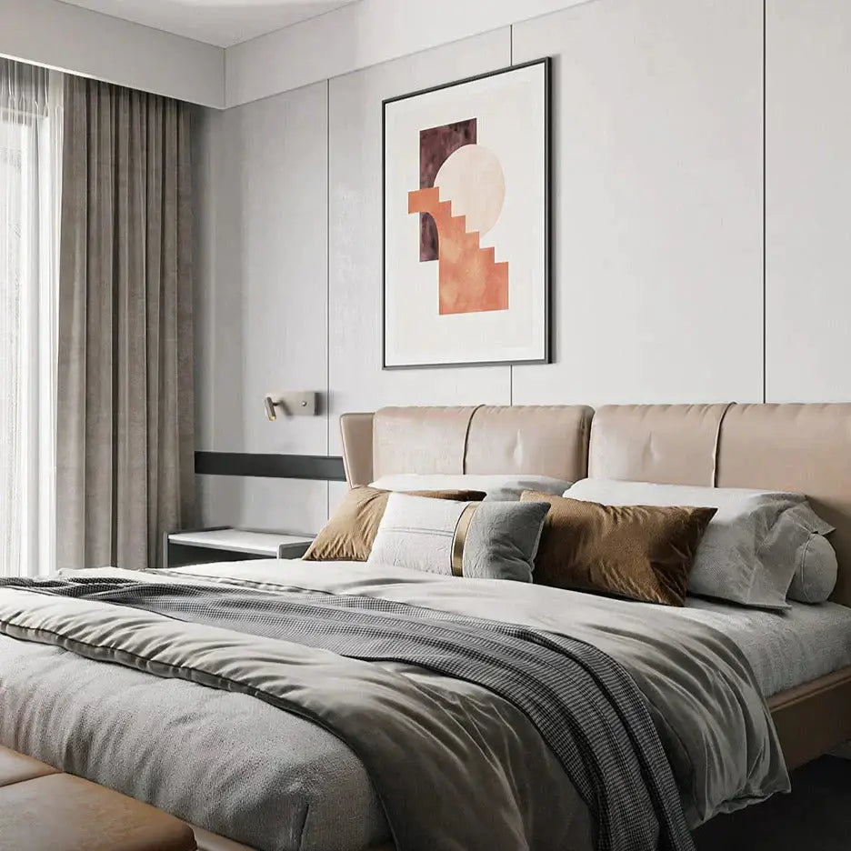 Beige tufted leather headboard with segmented panels paired with modern brushed nickel led dimmable reading wall light