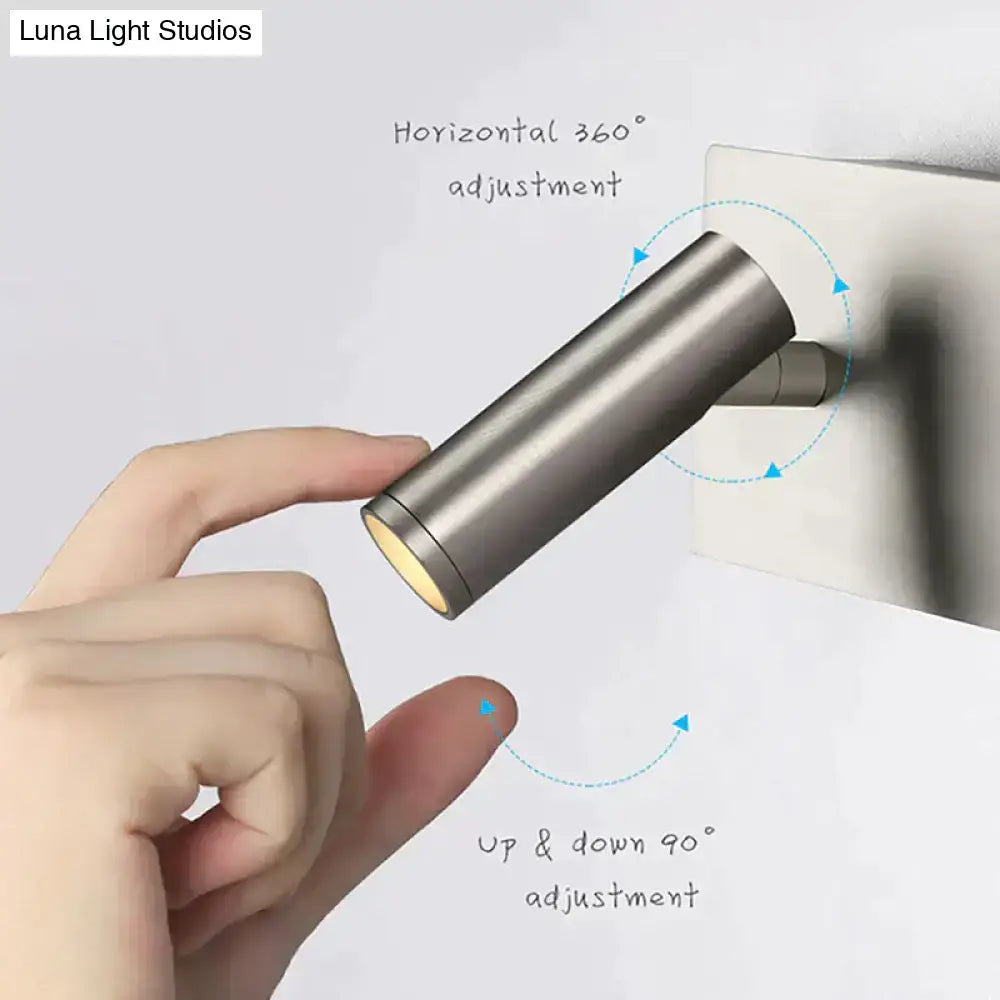 Modern brushed nickel led dimmable reading wall light with a sleek stainless steel cylindrical spotlight and warm led bulb