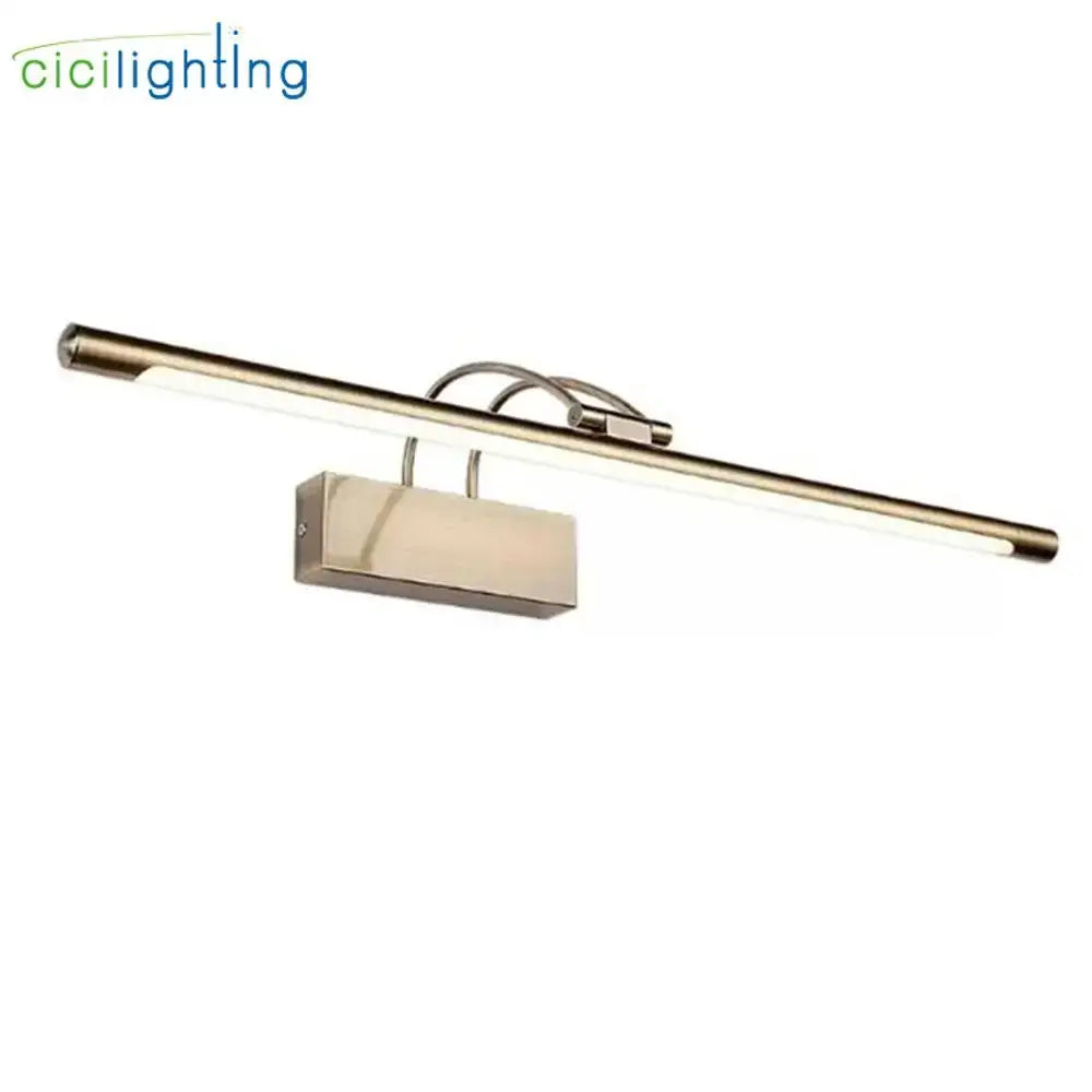 Modern brushed nickel led vanity light with a sleek rectangular fixture and curved mounting arms for bathroom mirrors