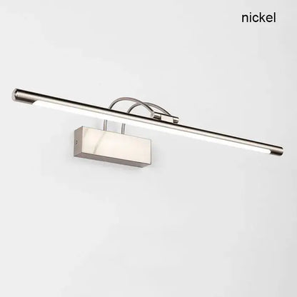 Modern brushed nickel led vanity light with sleek elongated rectangular design and integrated led strip for bathroom mirror