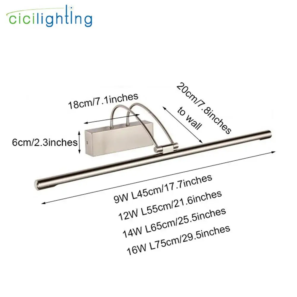 Modern brushed nickel led vanity light with sleek cylindrical design and adjustable wall-mounted bracket for bathroom mirror