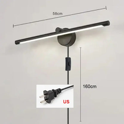 Black modern led wall lamp with sleek elongated bar design and adjustable height for bathroom use with motion sensor
