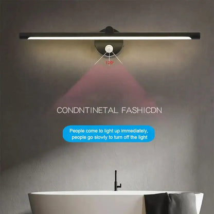 Modern brushed nickel led wall lamp with motion sensor featuring a sleek black minimalist rectangular design and circular base