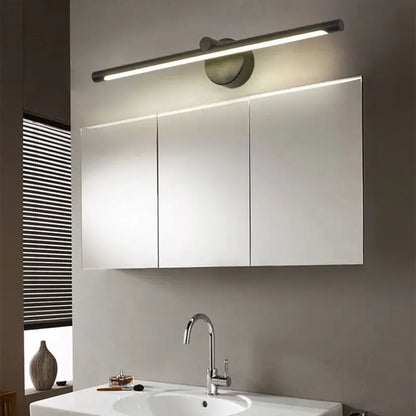 Modern brushed nickel led wall lamp with sleek elongated design and integrated motion sensor lighting for bathroom use