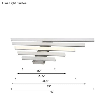 Modern brushed nickel led wall light fixture with layered frosted glass panels for bathroom vanity use