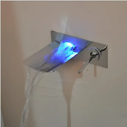 Modern brushed nickel led waterfall wall mount faucet with chrome finish and integrated blue decorbites led waterfall lighting