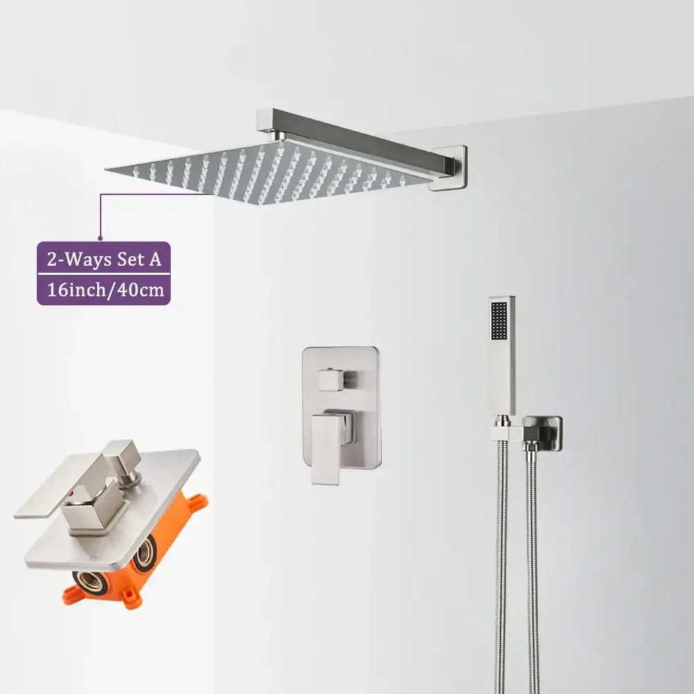 Stainless steel square rain shower head with textured surface in modern brushed nickel shower faucet by decorbites