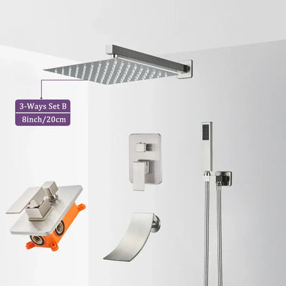 Stainless steel square rain shower head with multiple spray settings for modern brushed nickel shower faucet decorbites