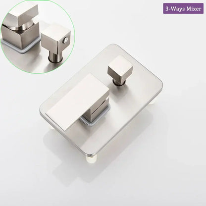 Modern brushed nickel shower faucet with brushed stainless steel 3-way mixer and sleek square knobs by decorbites