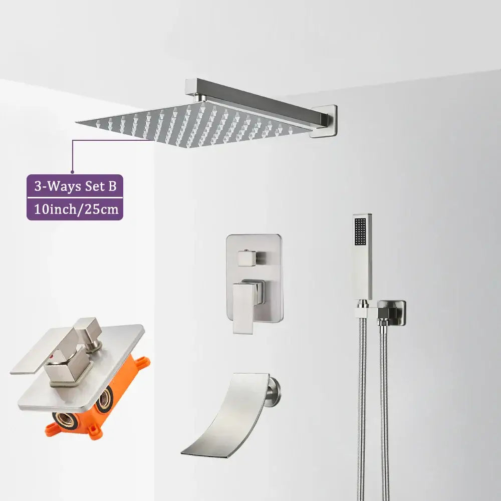 Modern brushed nickel shower faucet with stainless steel square rain shower head and textured surface decorbites brushed nickel