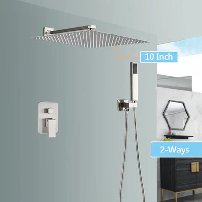 Modern brushed nickel rainfall shower faucet set with 10-inch square showerhead in brushed chrome finish