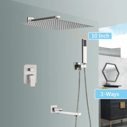 Modern brushed nickel shower faucet set with 10-inch square rain shower head handheld nozzle and three-way control valve
