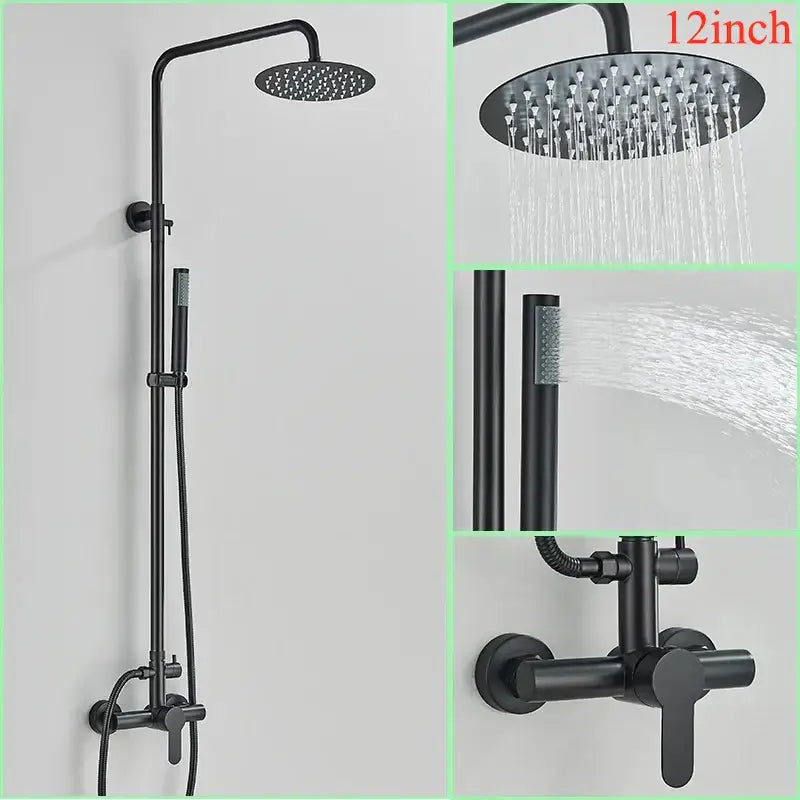 Modern brushed nickel rainfall shower system with black matte 12-inch rainhead and handheld bathroom spray decorbites brushed nickel