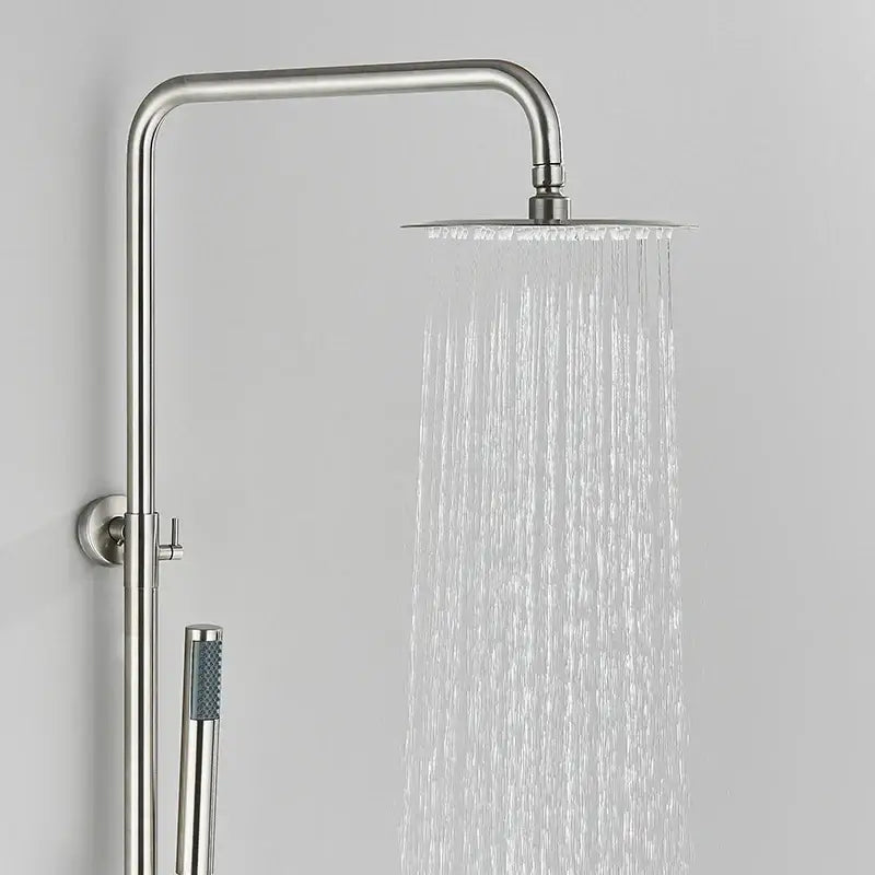 Modern brushed nickel rainfall shower system with stainless steel square rain shower head and matching handheld spray decorbites brushed nickel