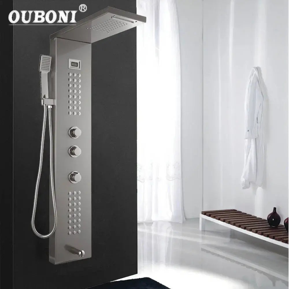 Modern brushed nickel shower column by Ouboni with sleek chrome finish overhead rain shower and multiple control knobs