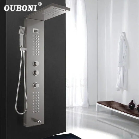 Modern brushed nickel shower column by Ouboni with sleek chrome finish overhead rain shower and multiple control knobs