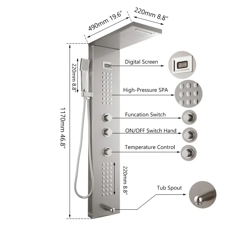 Modern brushed nickel shower column with tub spout featuring stainless steel rain shower and digital spray settings decorbites