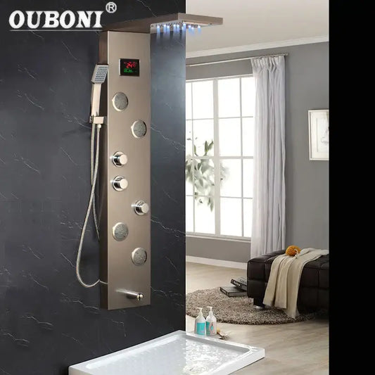 Modern brushed nickel ouboni shower panel with led display and multiple control knobs for bathroom decorbites brushed nickel