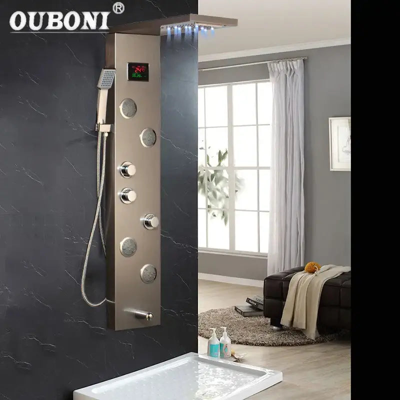 Modern brushed nickel ouboni shower panel with led display and multiple control knobs for bathroom decorbites brushed nickel