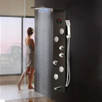 Modern brushed nickel shower panel with black chrome finish multiple control knobs and handheld showerhead decorbites brushed nickel