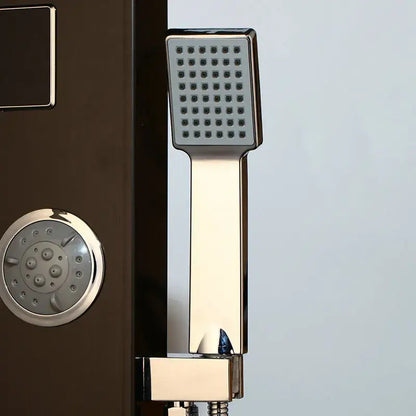 Modern chrome handheld showerhead with square face and nozzles in decorbites brushed nickel shower panel with led display